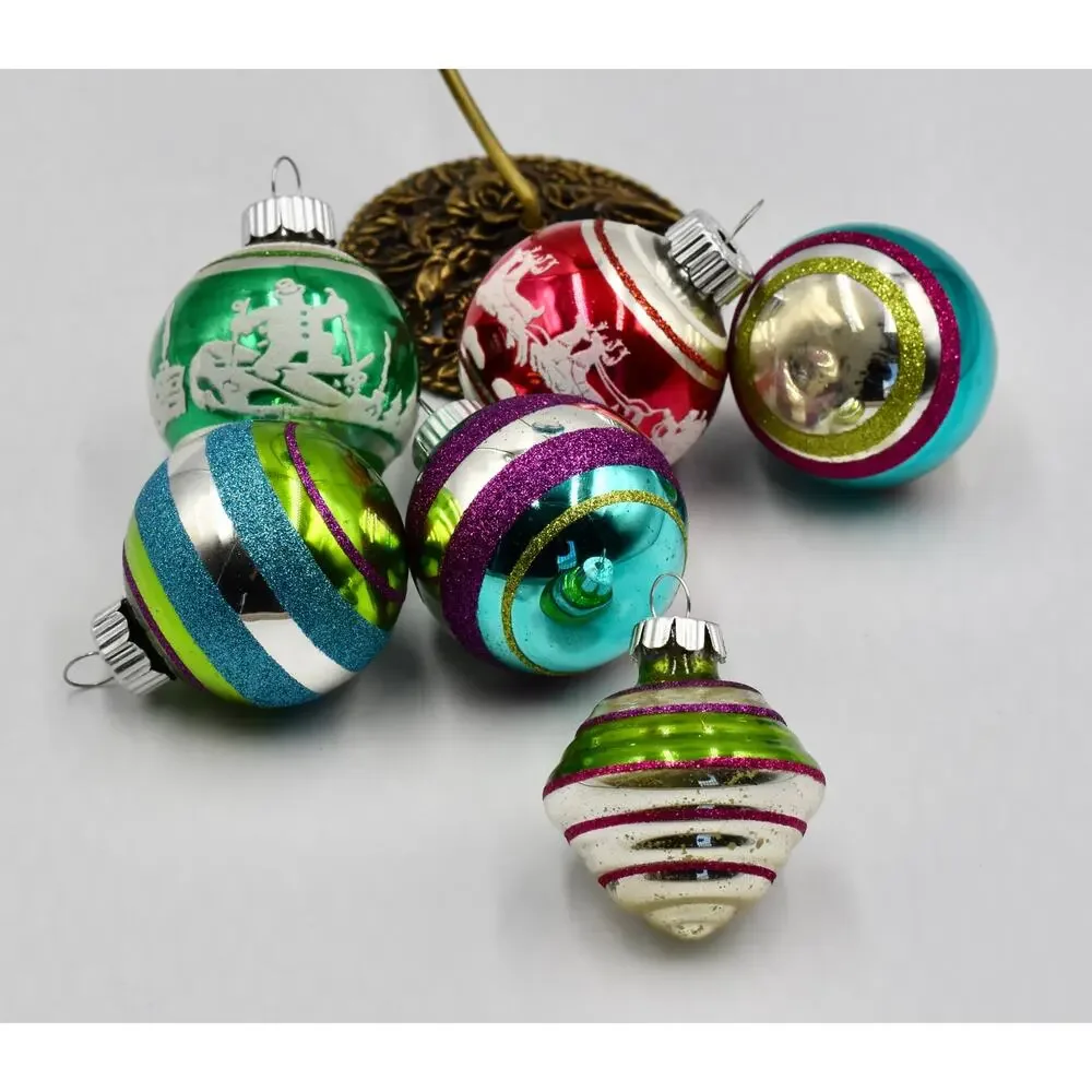 Radko Shiny Brite Flocked Stencil Glass Ball Christmas Tree Ornament Set